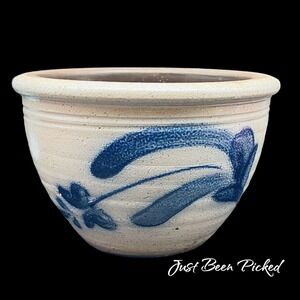 Rockdale Union Stoneware Bowl 1988 Blue Floral Salt Glaze Pottery Cambridge WI